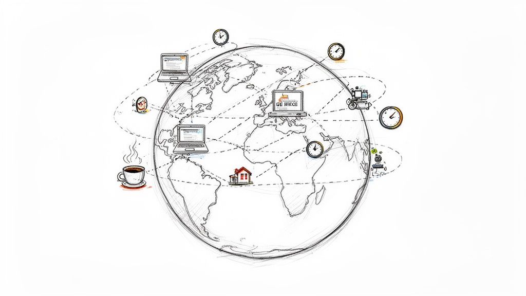 A sketch of the globe with laptops, clocks, and a house, representing global remote work and connectivity.