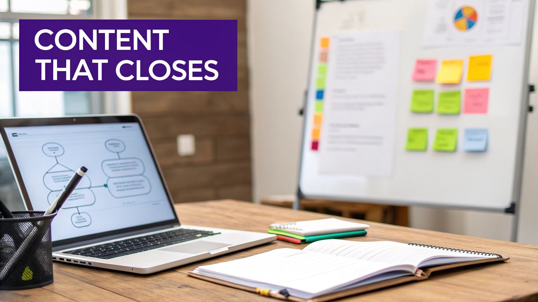 Office desk with a laptop showing a content flowchart, notebooks, and a whiteboard, promoting 'CONTENT THAT CLOSES'.