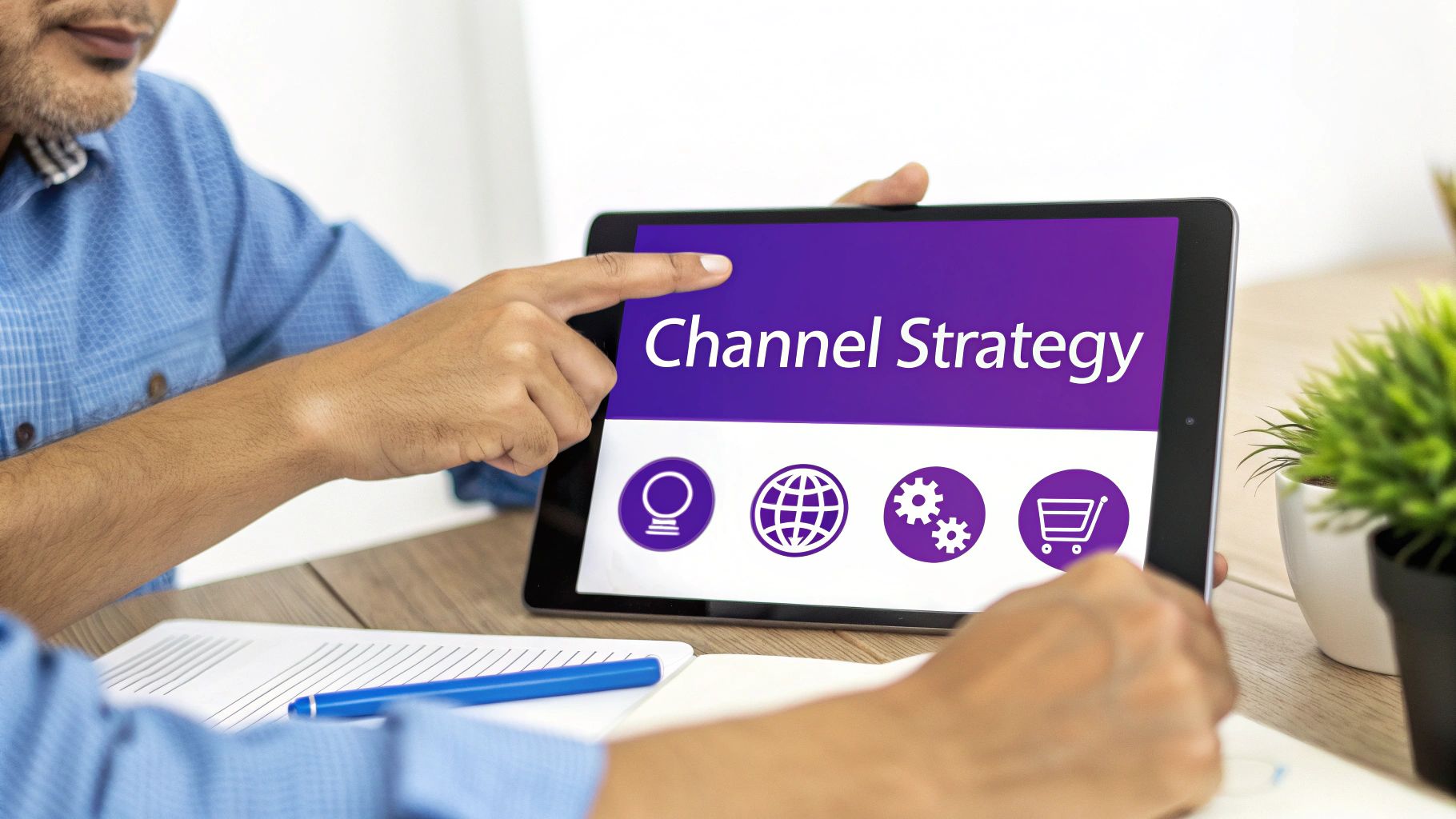 Man pointing at a tablet screen showing 'Channel Strategy' with marketing and e-commerce icons.