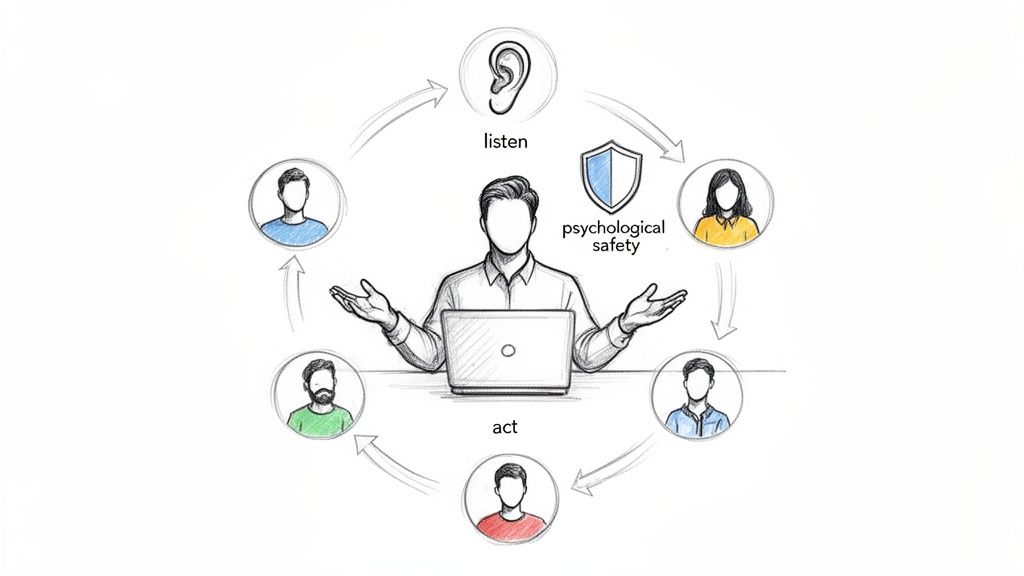 A diagram showing a leader listening to diverse team members and acting, fostering psychological safety.