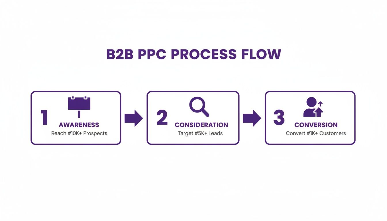 B2B PPC process flow diagram showing awareness, consideration, and conversion stages with metrics.