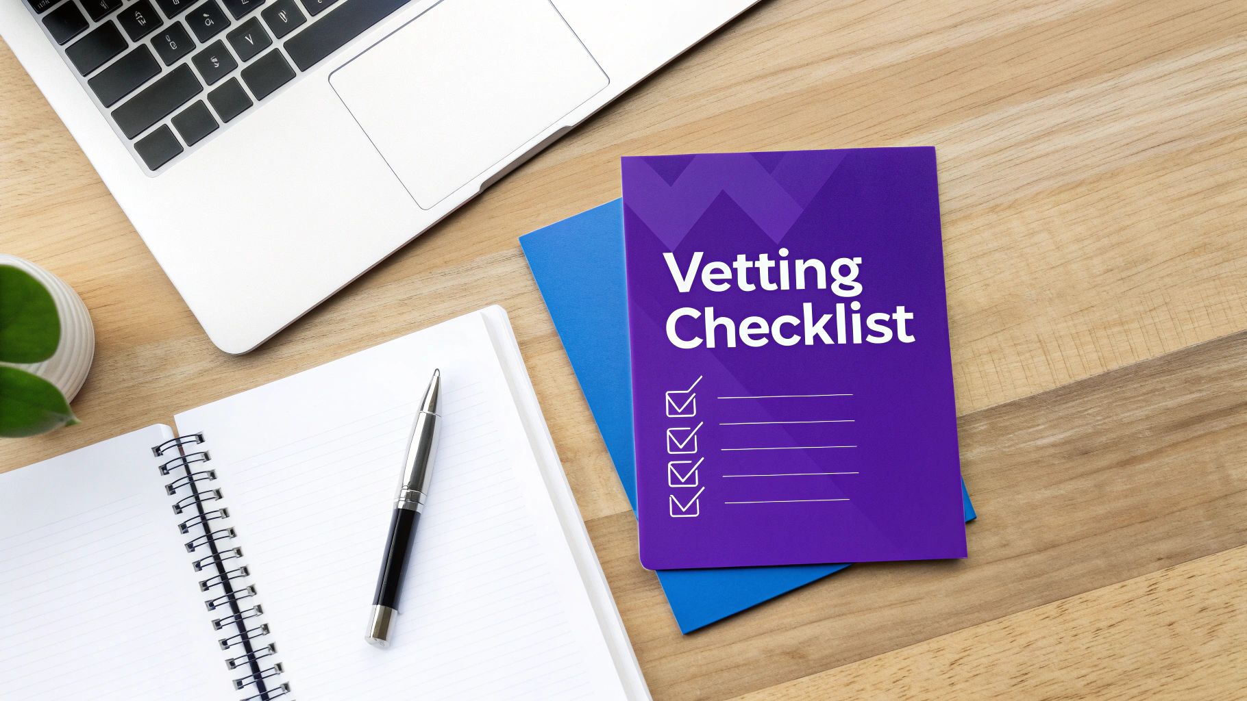 Overhead view of a desk with a laptop, notebook, pen, and a 'Vetting Checklist' booklet.