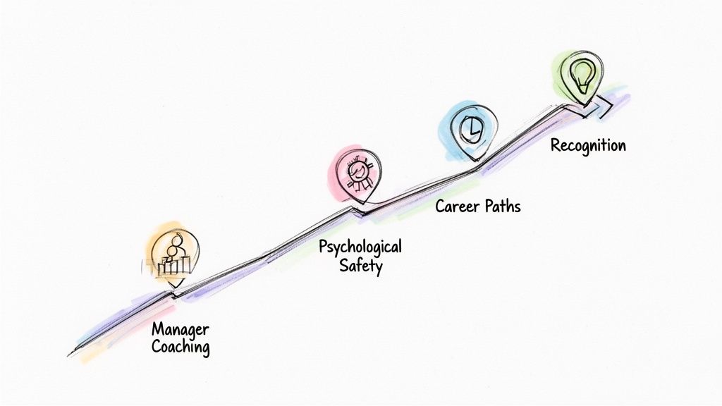 An upward arrow illustrates a path for employee development including coaching, safety, career, and recognition.