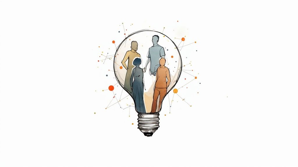 Diverse team collaborating inside a lightbulb, surrounded by a network of interconnected ideas.