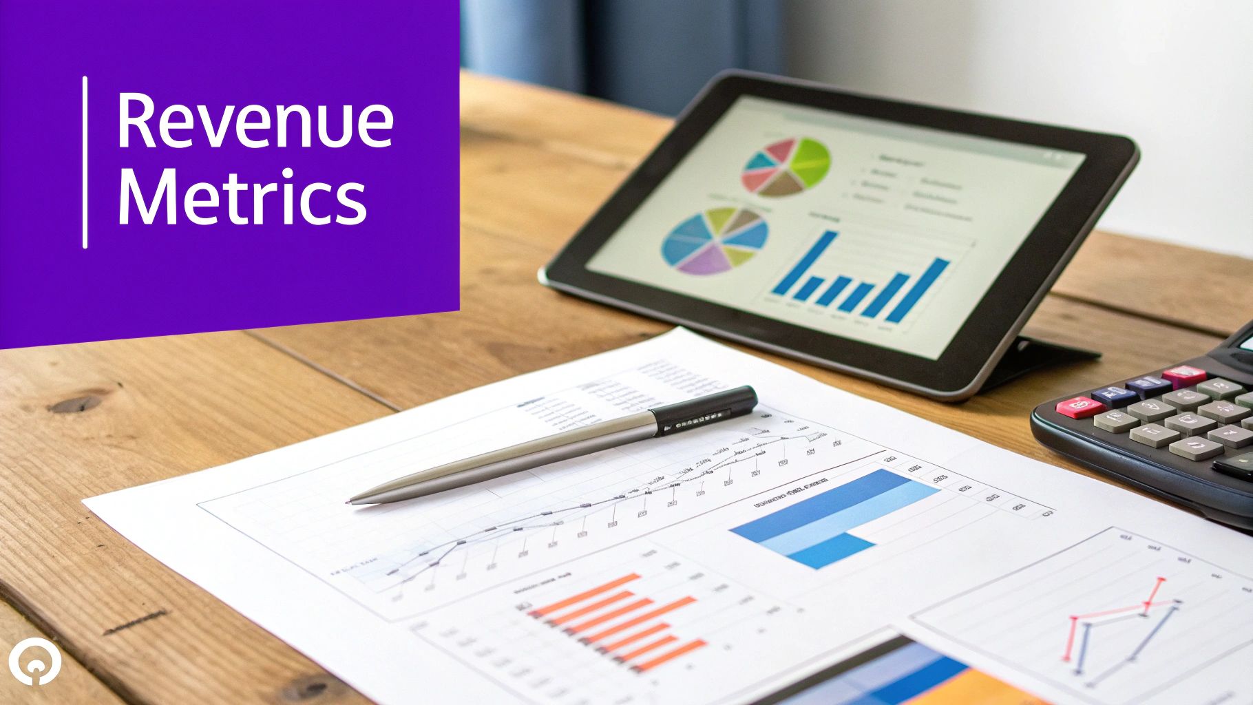 Desk setup with financial documents, charts, a tablet displaying revenue metrics, and a calculator.
