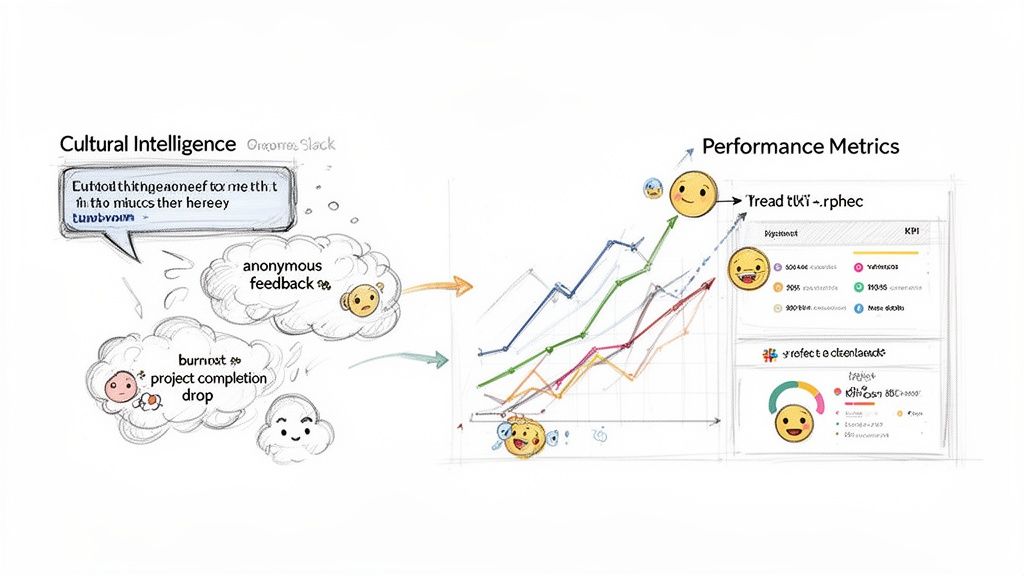 A hand-drawn diagram showing cultural intelligence, feedback, and burnout leading to improved performance metrics.