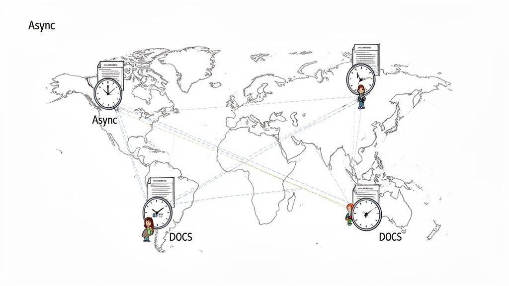 World map illustrating asynchronous global communication and document sharing across different time zones.