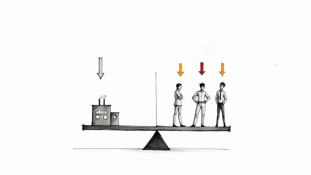 A seesaw balancing a factory against three employees with downward arrows, symbolizing work pressure.