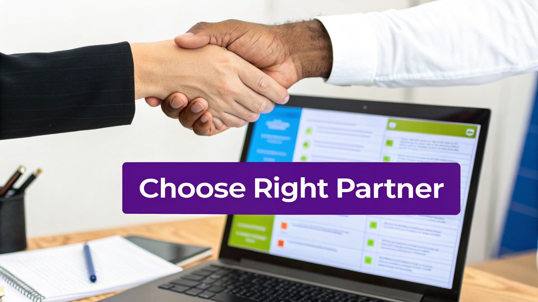 Two diverse business partners shaking hands above a laptop with text 'Choose Right Partner'.