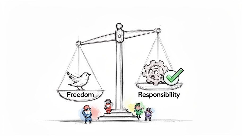 A balance scale shows 'Responsibility' (a gear with a checkmark) outweighing 'Freedom' (a bird).