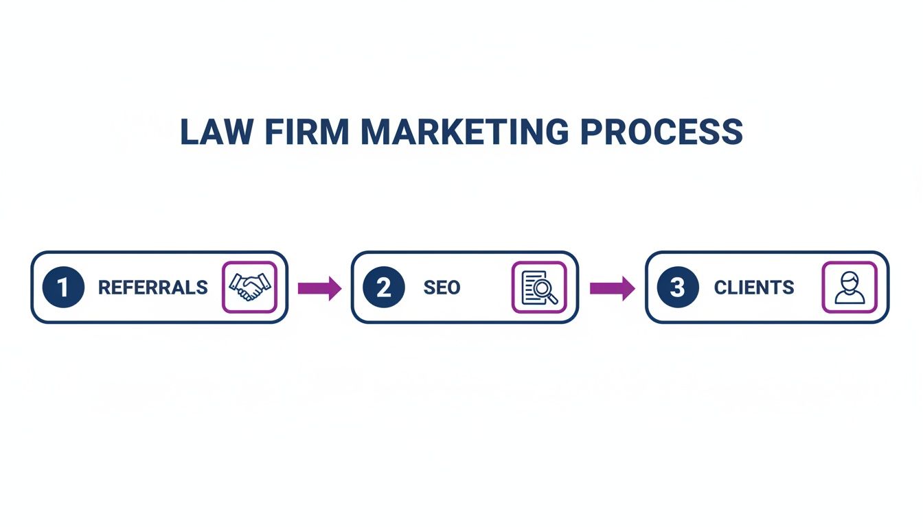 A diagram illustrating the law firm marketing process, detailing steps from referrals and SEO to acquiring clients.