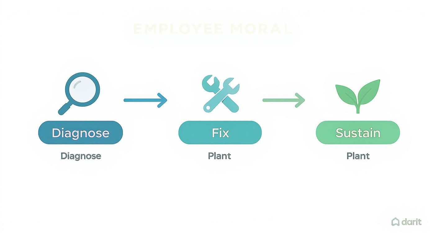 A three-step diagram for improving employee morale: Diagnose, Fix, and Sustain.