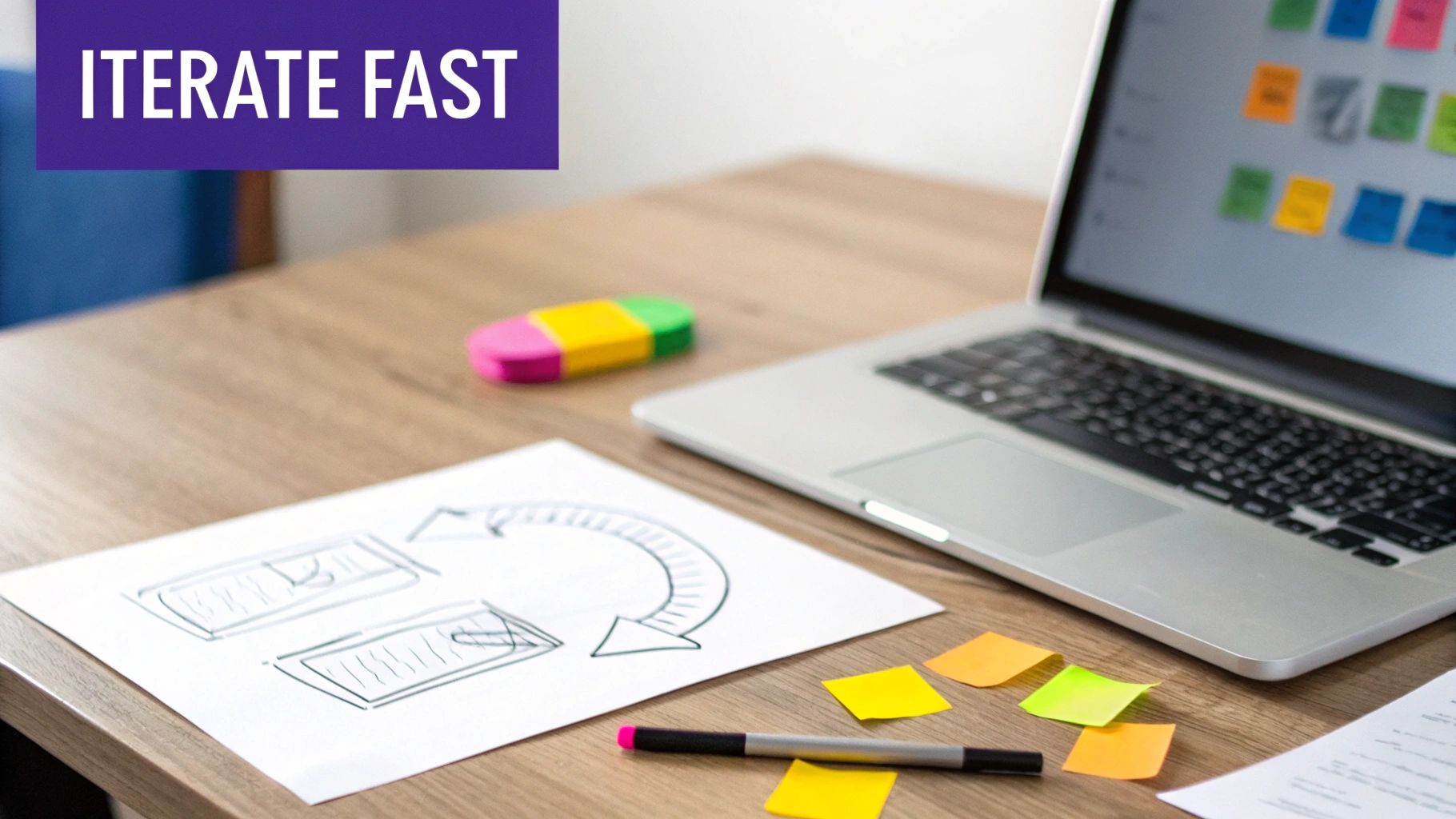A desk with a laptop displaying sticky notes, paper with sketches, and an 'ITERATE FAST' banner.