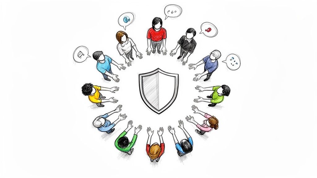 An overhead sketch of diverse people forming a circle around a shield, symbolizing teamwork and protection.