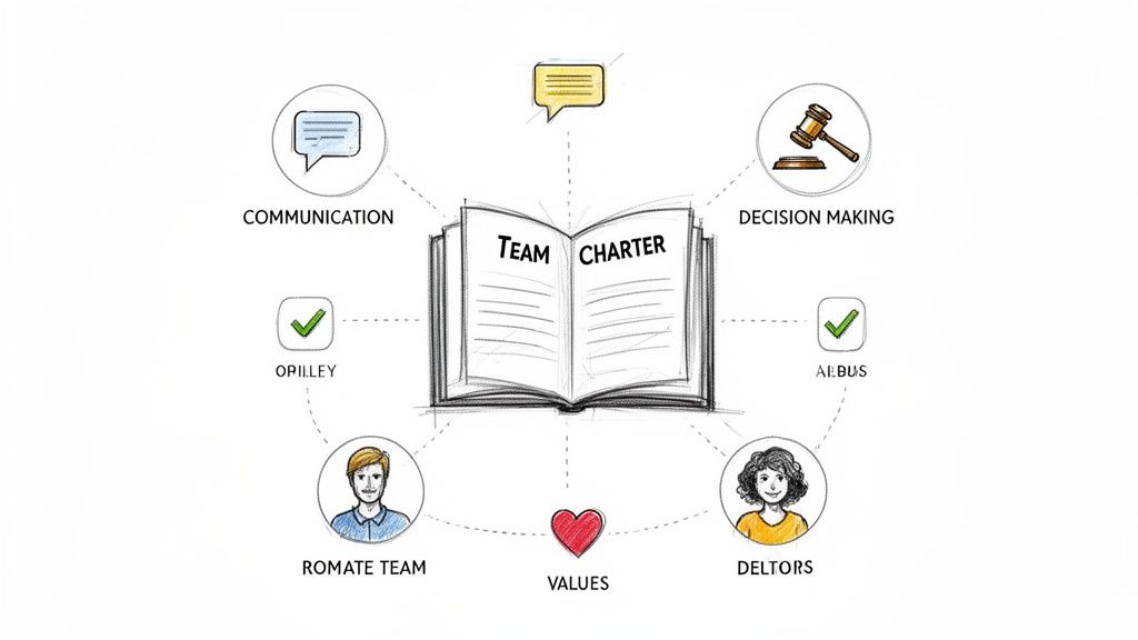A diagram illustrating a 'Team Charter' document at its center, connected to communication, decision-making, values, and team members.