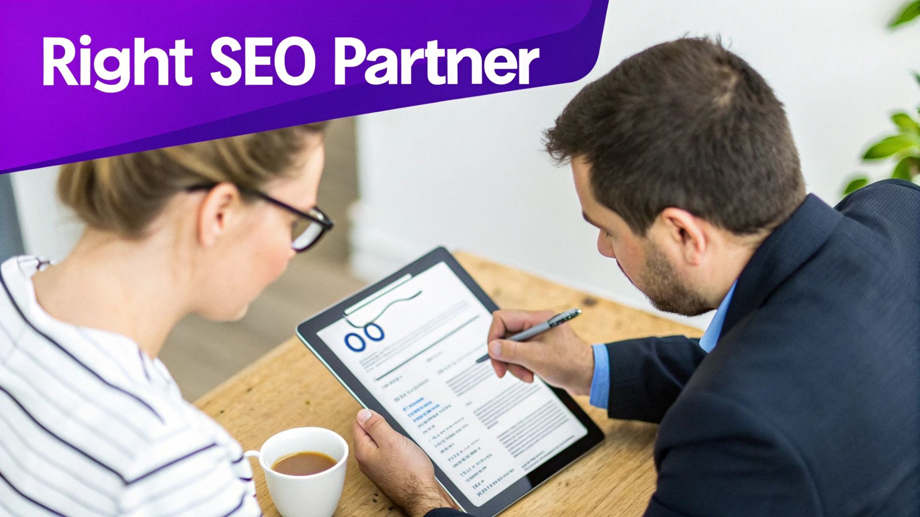 Two professionals review SEO reports on a tablet, discussing partnership strategies over coffee.