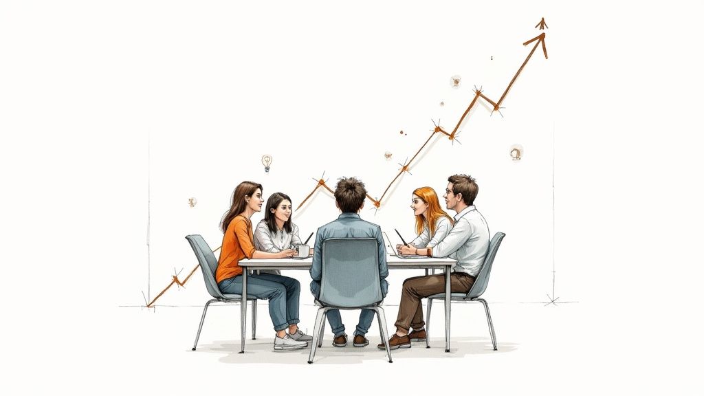 Five diverse professionals, including three women and two men, collaborate at a table with an upward growth chart and ideas.