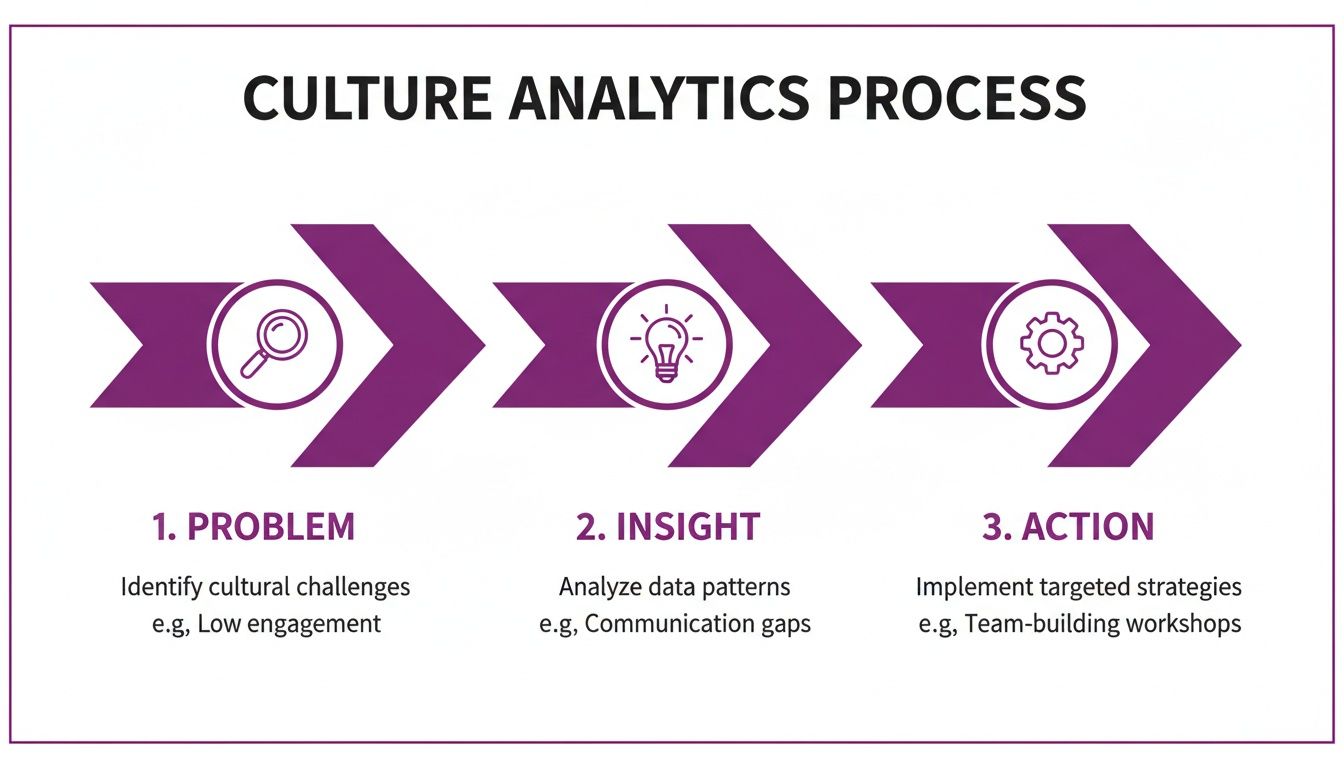 A three-step culture analytics process flow, detailing problem identification, insight generation, and action implementation.