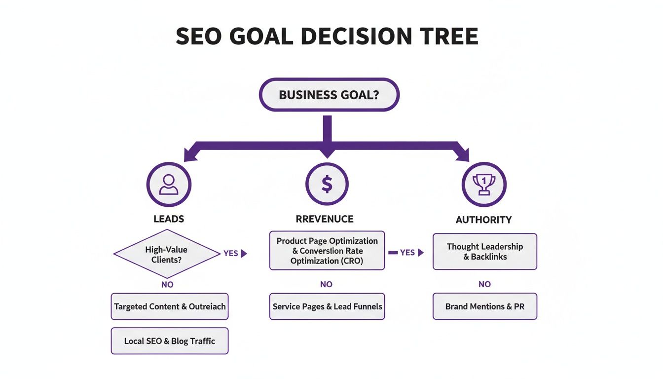 SEO Goal Decision Tree flowchart showing paths for business objectives: Leads, Revenue, Authority, and corresponding strategies.