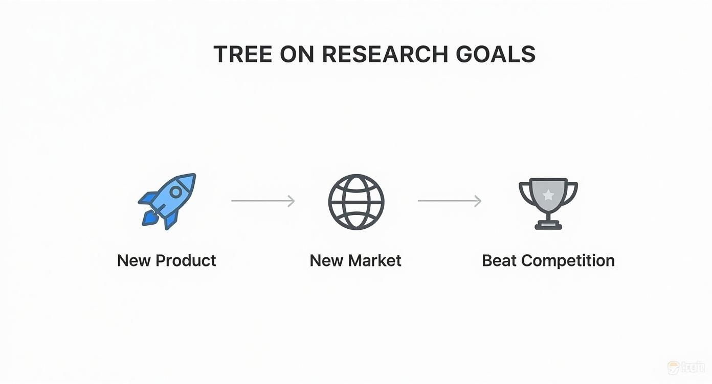 Flowchart showing three research goals: New Product, New Market, and Beat Competition.