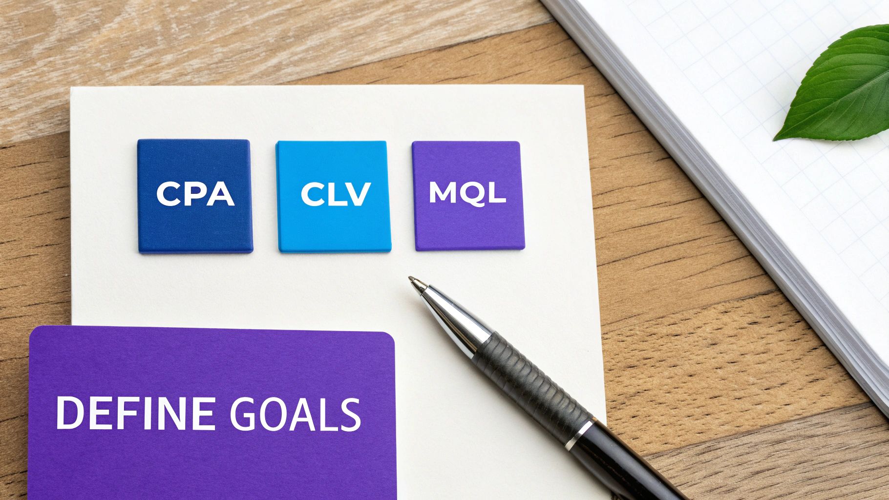 A desk flat lay with CPA, CLV, MQL metrics and 'DEFINE GOALS' card, next to a pen.