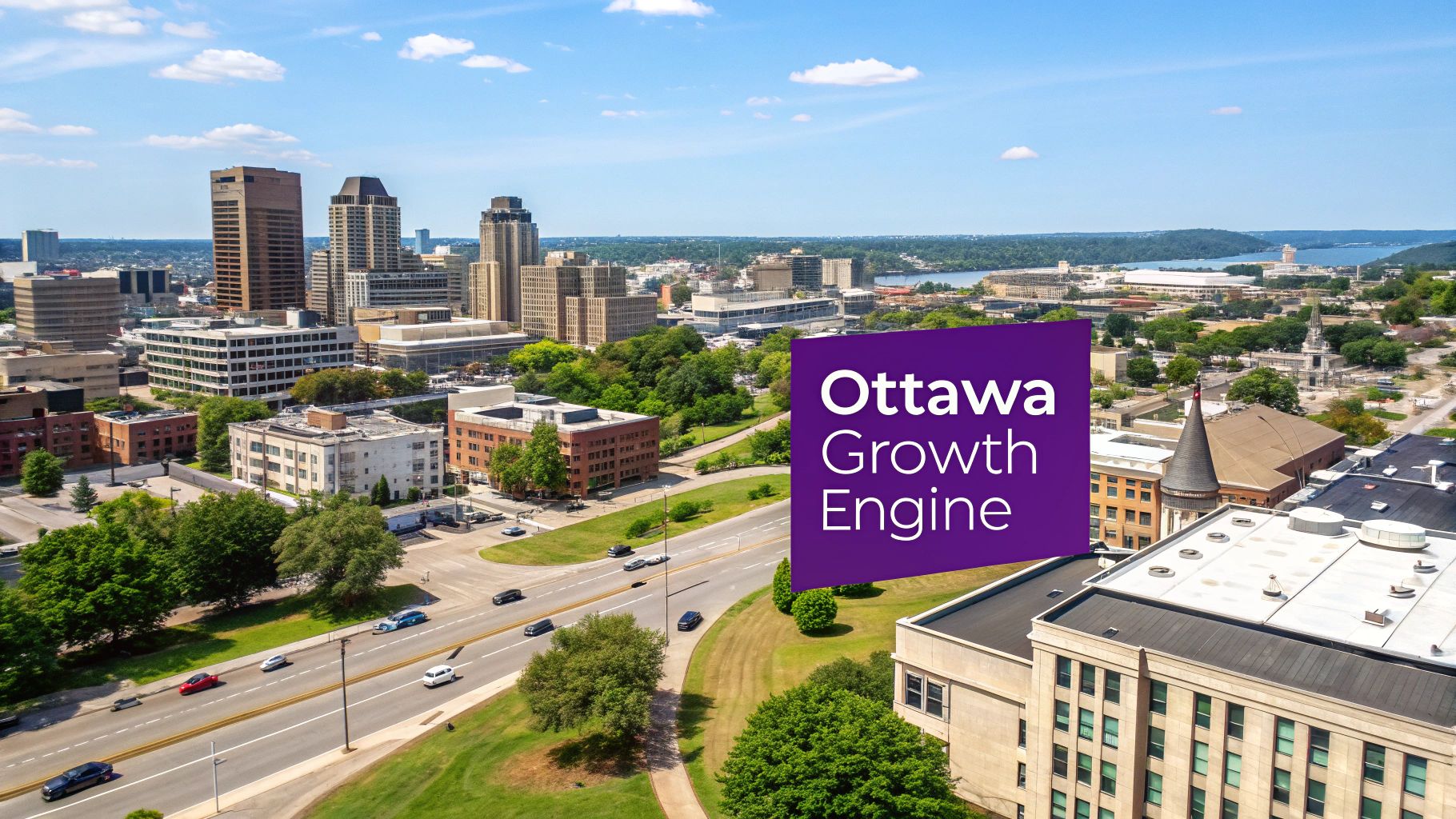 Aerial view of Ottawa cityscape with tall buildings, a river, a highway, and 'Ottawa Growth Engine' text.