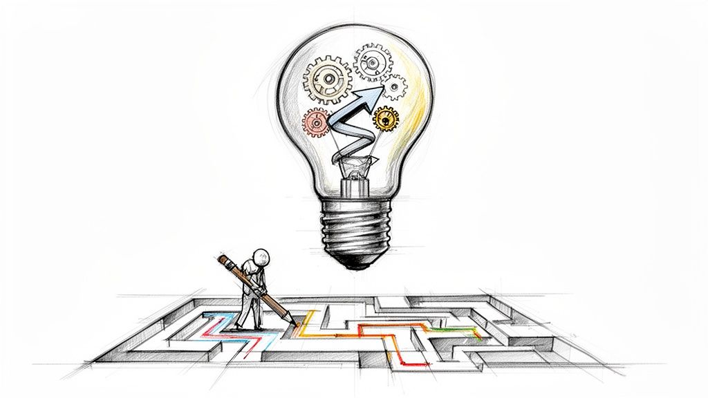 A stick figure draws a colorful path through a maze towards a light bulb, symbolizing idea generation and problem-solving.
