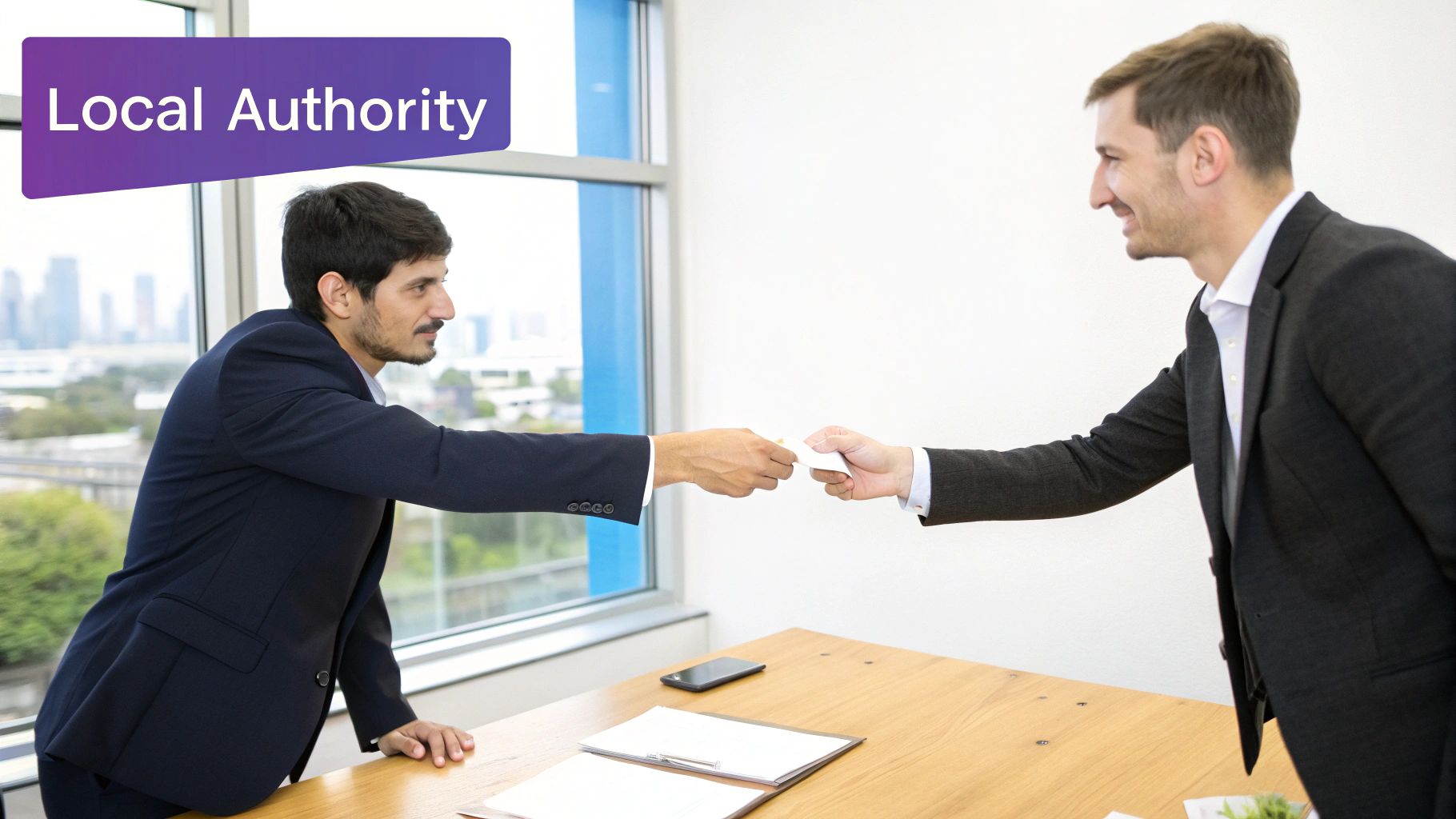 Two smiling business professionals in suits exchange a business card in an office setting with a cityscape view.