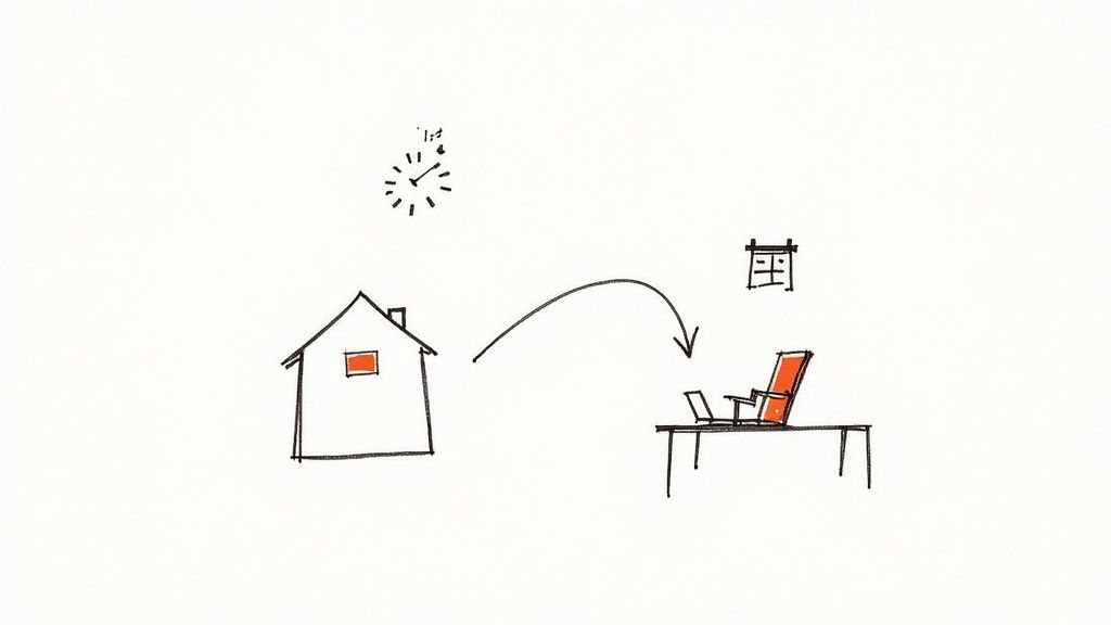 A simple sketch illustrating a house, a clock, and an arrow pointing to a desk with a laptop and chair, symbolizing remote work.