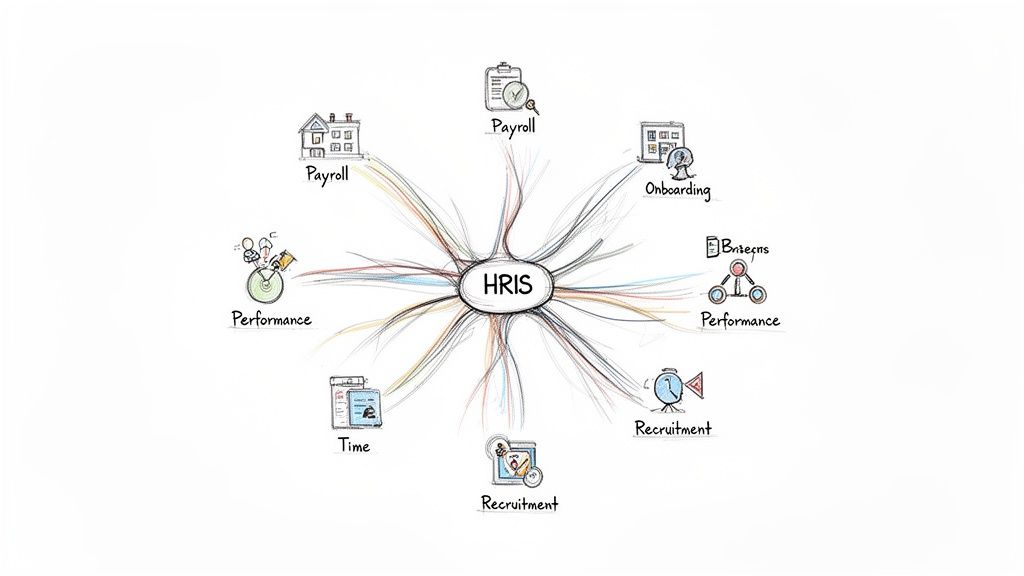 A hand-drawn mind map illustrating HRIS in the center, connected to various HR functions.