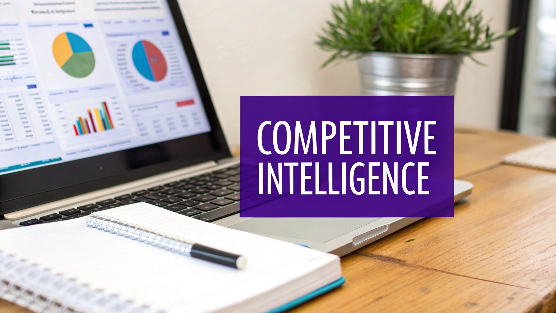 A laptop displays competitive intelligence data with charts, graphs, a notebook, and a pen on a wooden desk.