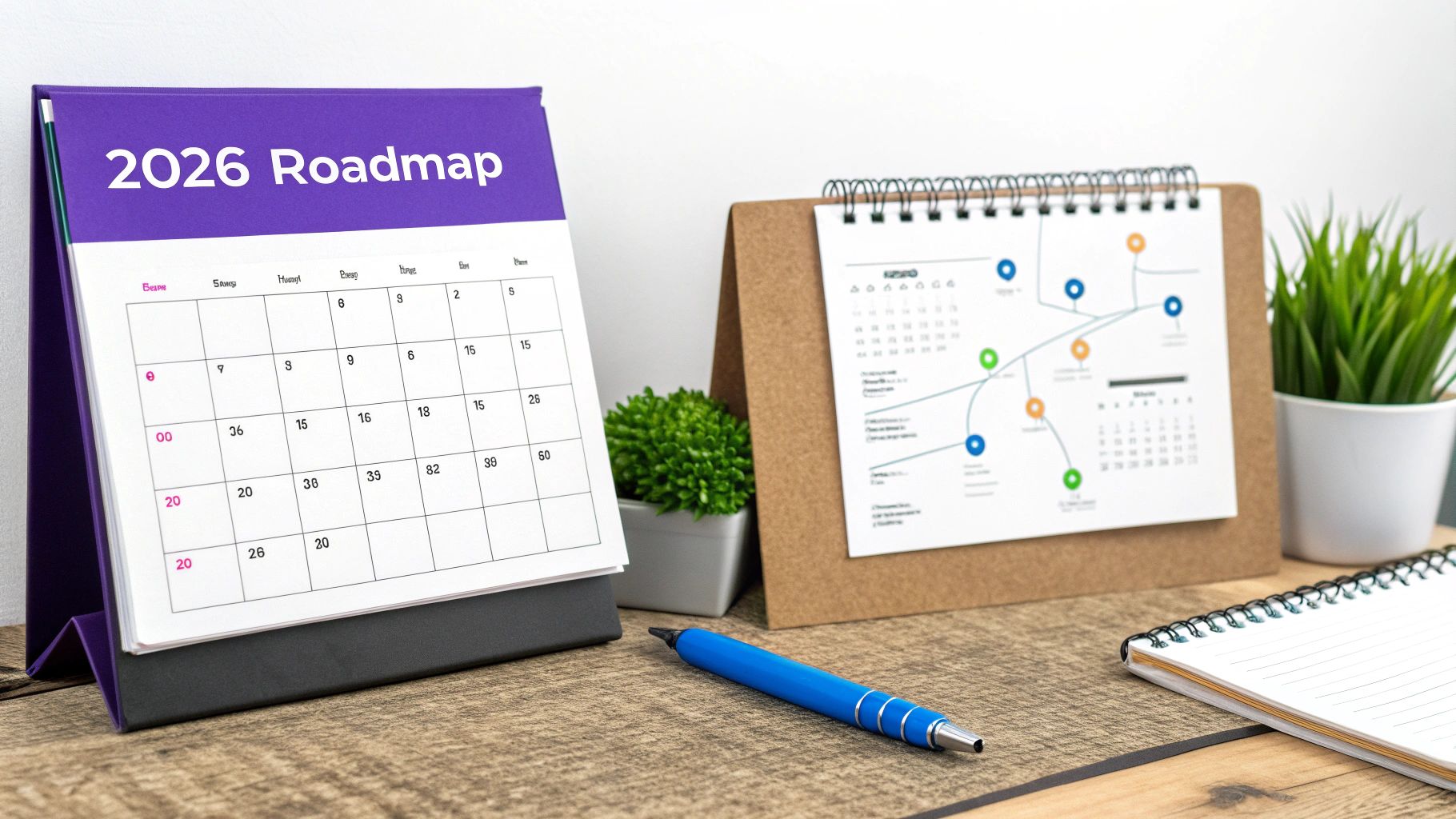 Desk with a '2026 Roadmap' calendar and another displaying a strategic plan with dots.