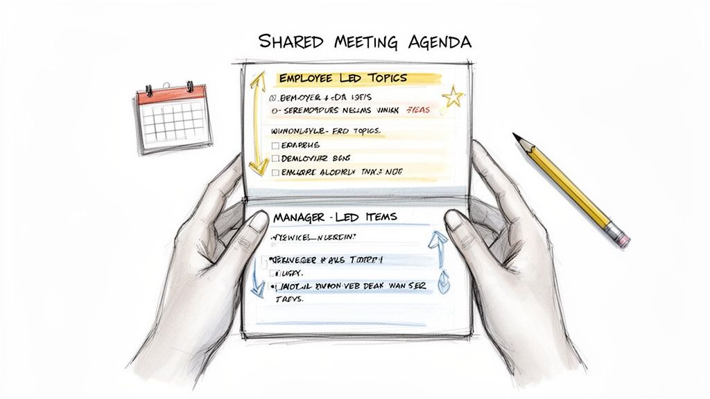 Hands holding a shared meeting agenda notebook with employee and manager topics, calendar, and pencil.