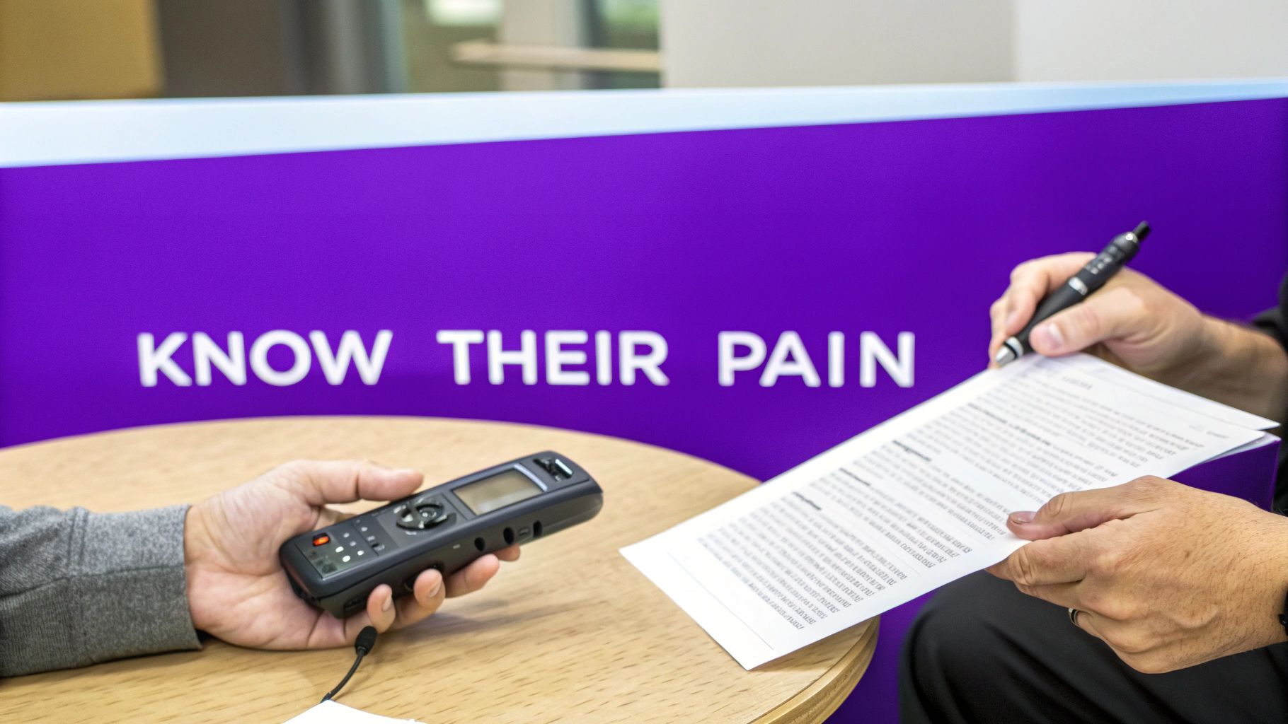 A magnifying glass hovering over a customer profile, symbolizing the deep dive into understanding customer pain points.