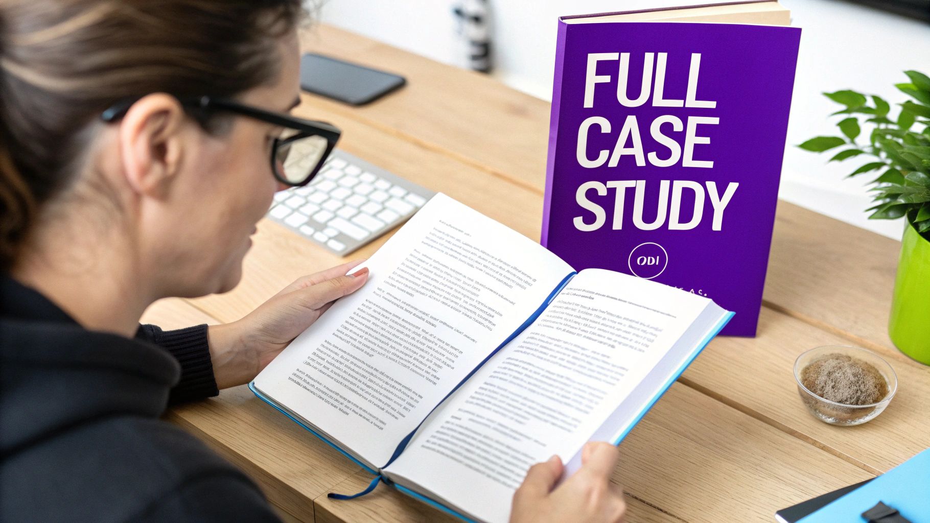 A woman in black-rimmed glasses reads an open book at a wooden desk. A purple book titled 'Full Case Study' stands nearby.