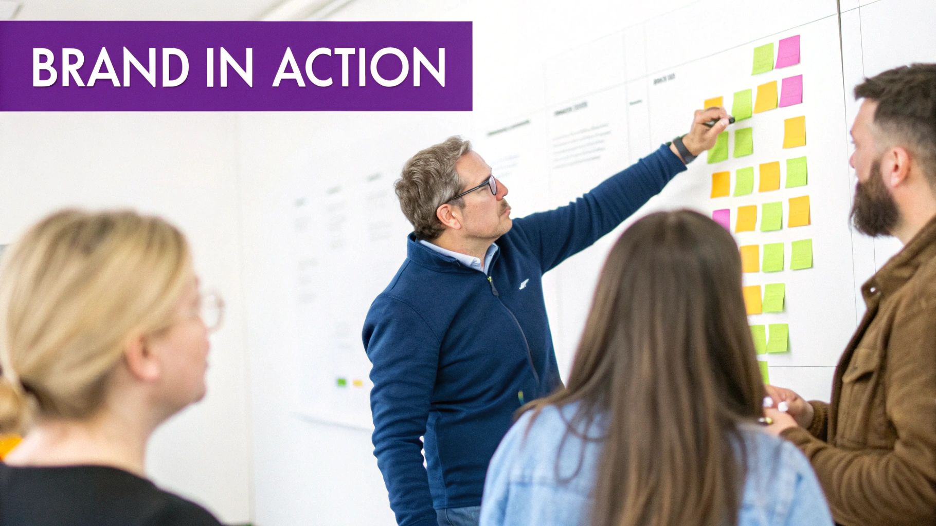 A team of professionals collaborating in a modern office, mapping out a customer journey on a whiteboard.
