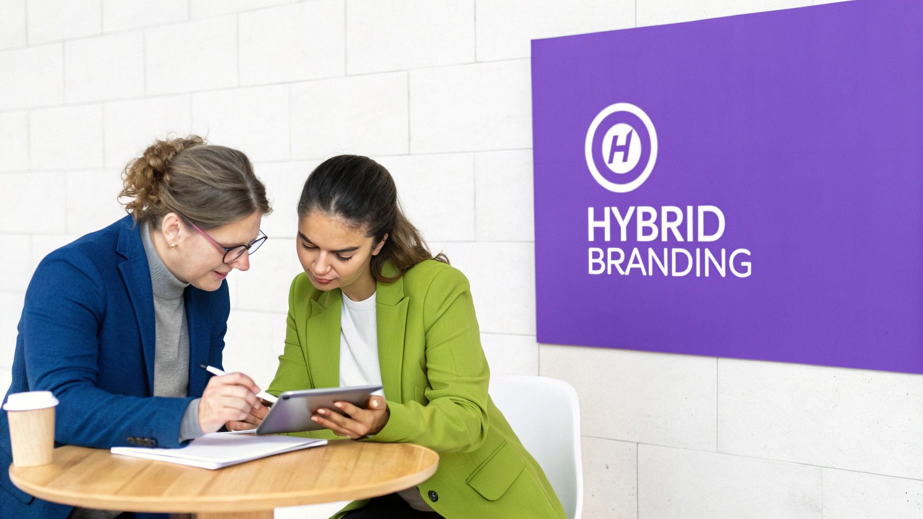 Two women collaborating at a table, looking at a tablet, with a 'Hybrid Branding' sign in the background.