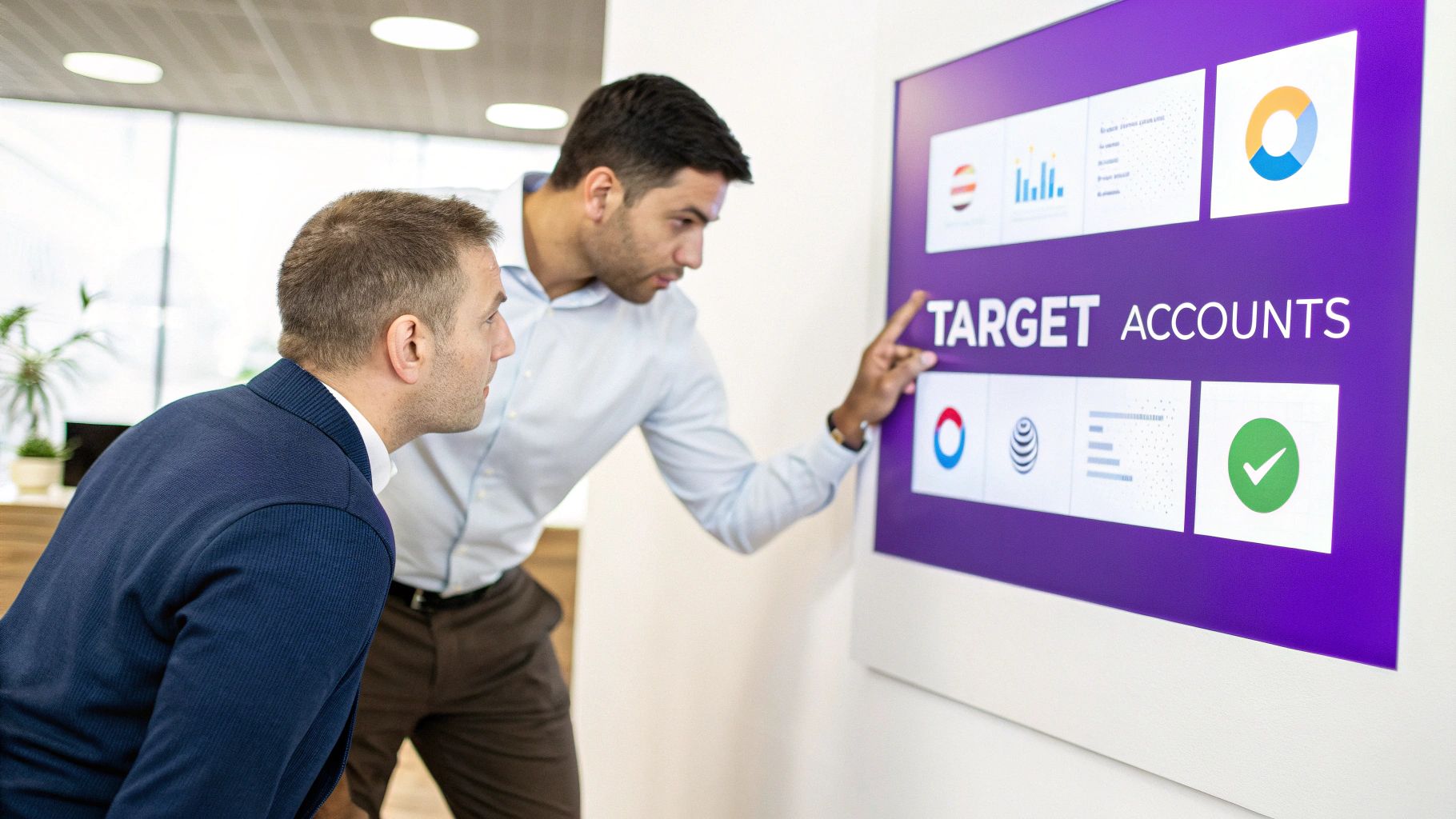 Two professionals review 'Target Accounts' data on a large purple digital display in an office.