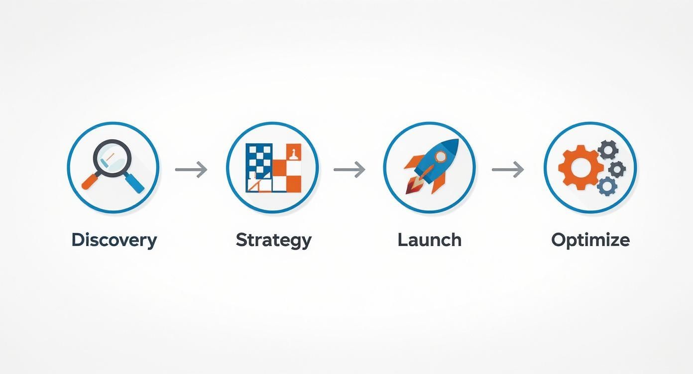 Four-step marketing process showing discovery, strategy, launch, and optimize phases with icons