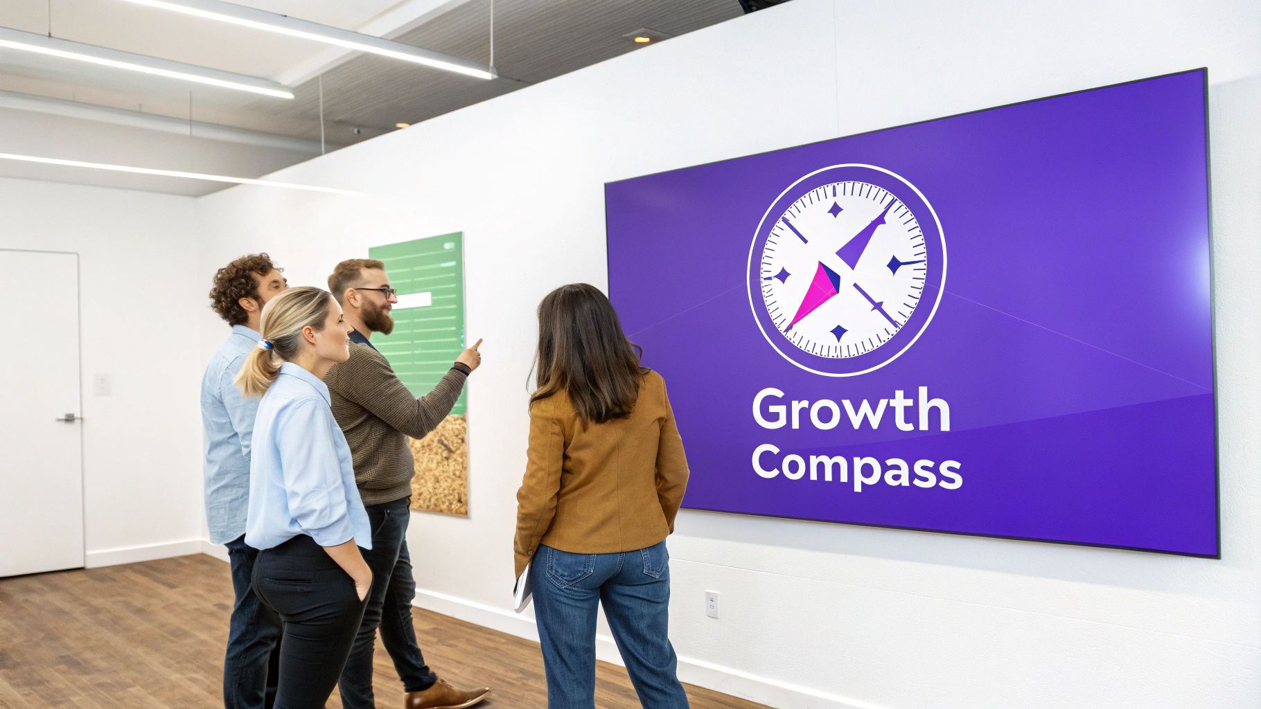 Four colleagues discuss strategy in a modern office, looking at a 'Growth Compass' digital display.