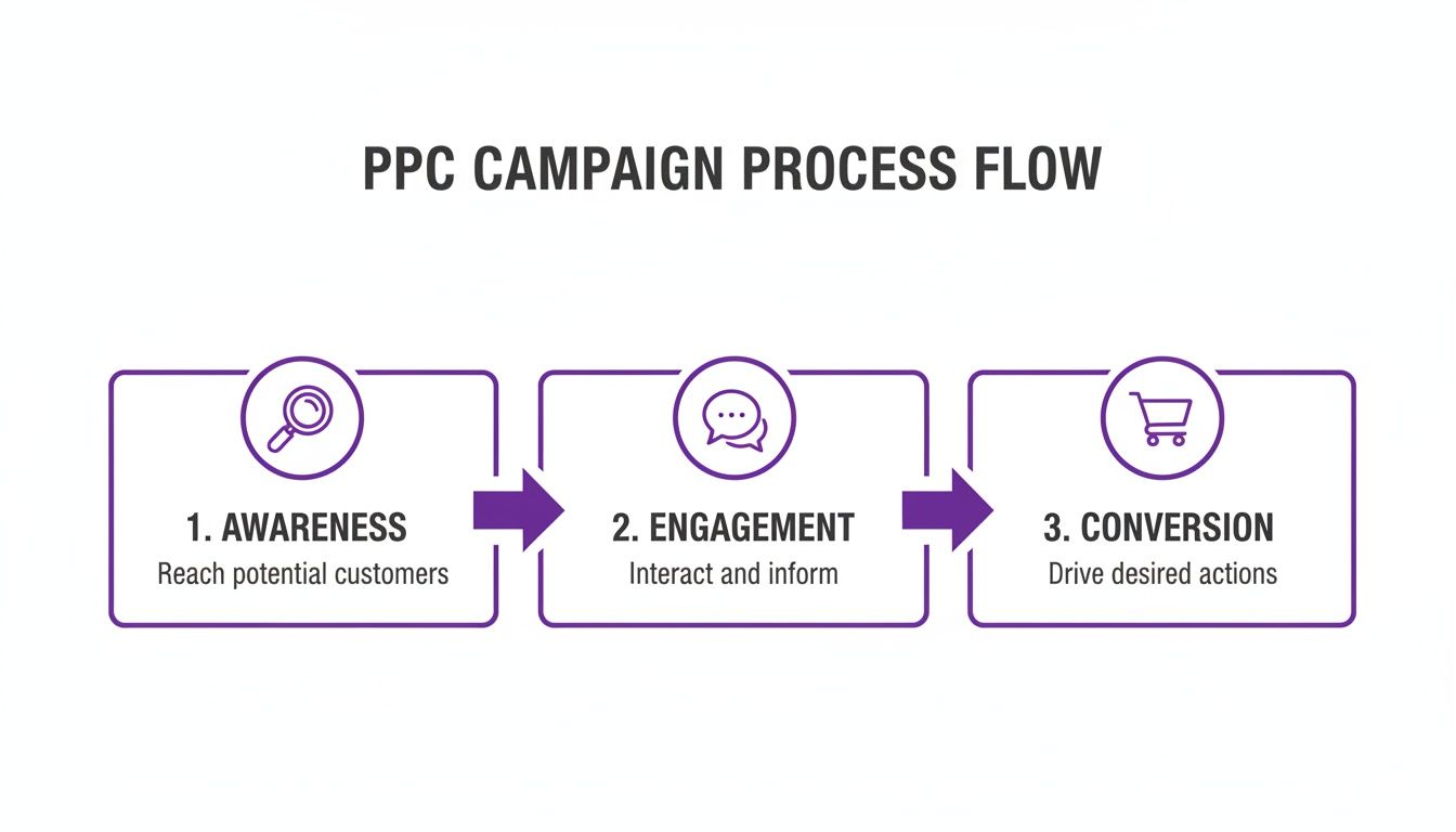 A PPC campaign process flow diagram showing three steps: awareness, engagement, and conversion.