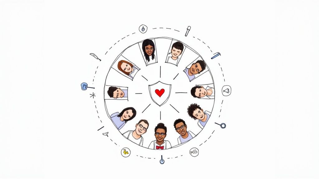 An illustration of a diverse group of people in a circle, surrounding a shield with a heart, symbolizing team support.