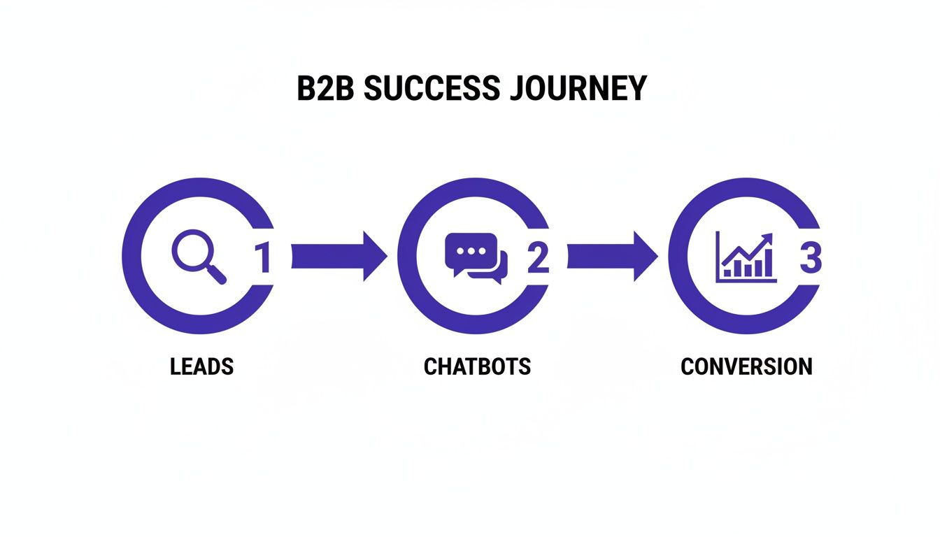 A diagram outlining the B2B success journey, detailing steps from Leads to Chatbots to Conversion.