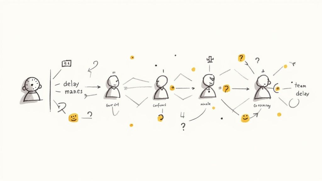 A hand-drawn diagram illustrating a multi-stage workplace communication process with people and delays.