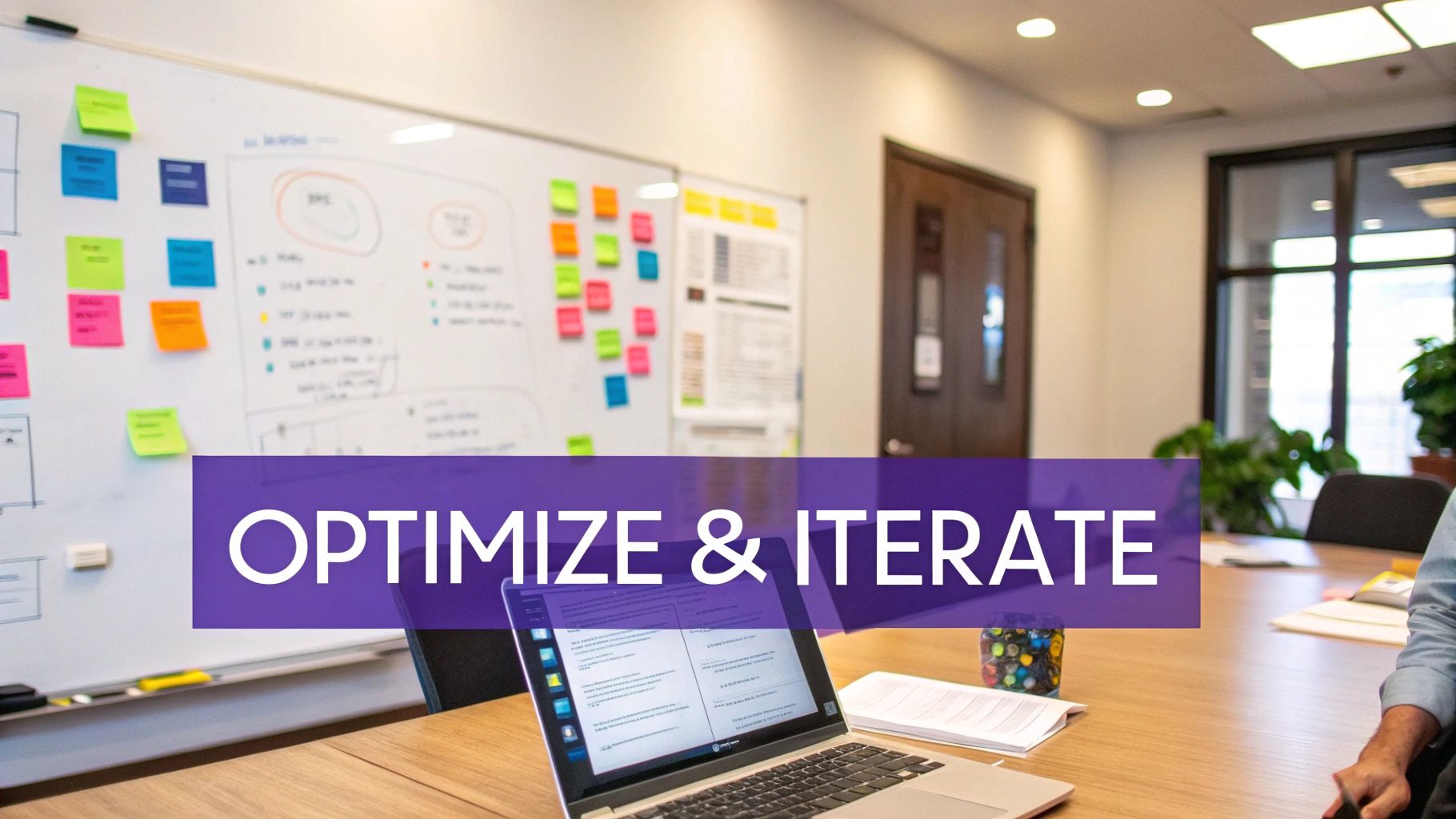 An office meeting room with a whiteboard full of sticky notes and a laptop, overlaid with 'OPTIMIZE & ITERATE'.