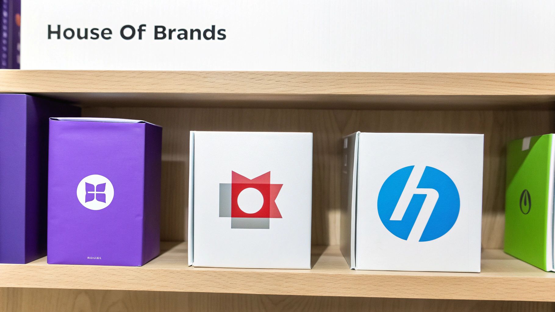 A wooden shelf displays various brand boxes, including HP, under a 'House Of Brands' sign.