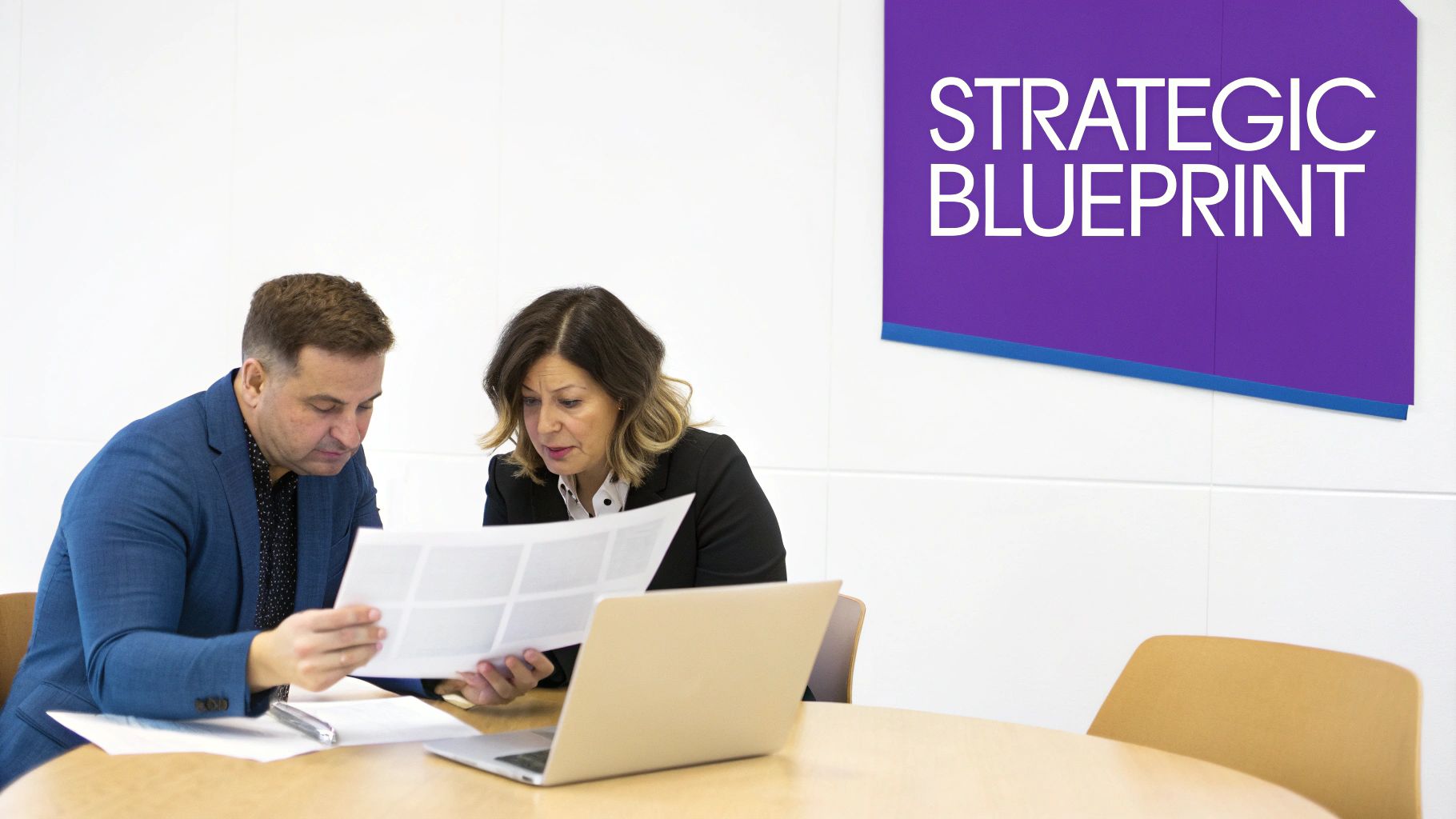 Two business professionals discussing documents at a table with a laptop and 'STRATEGIC BLUEPRINT' sign.