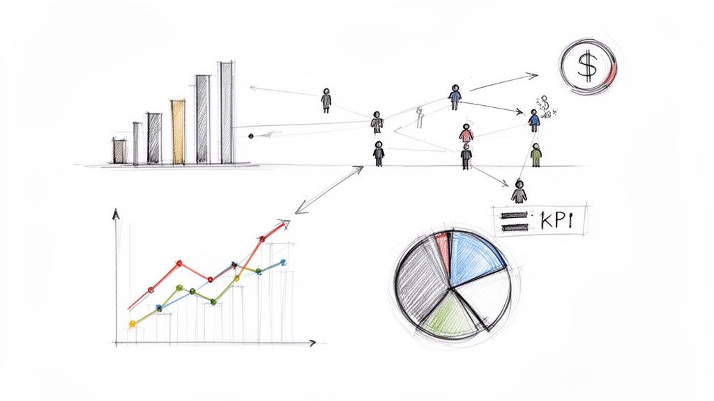 Hand-drawn sketch illustrating business data: bar, line, pie charts, people network, dollar sign, and KPIs.