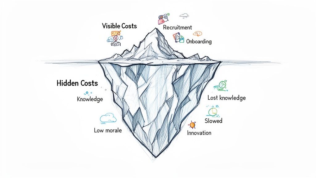 An iceberg diagram illustrates visible costs like recruitment and onboarding, and hidden costs such as lost knowledge, low morale, and slowed innovation.