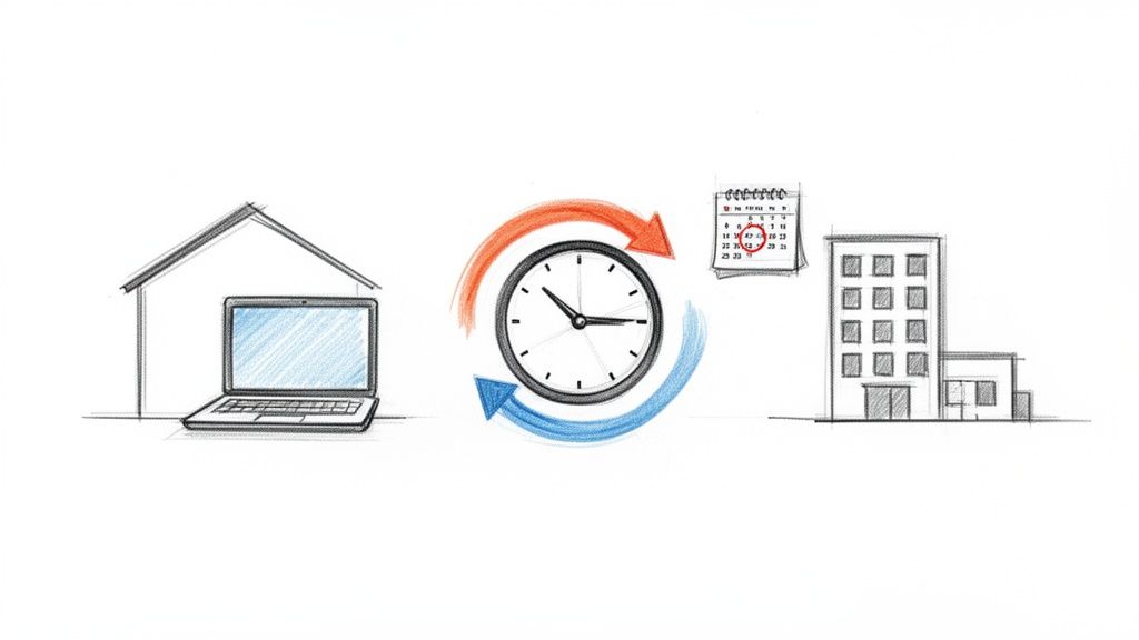 Sketch of laptop in a house, clock, calendar, and office building, representing flexible or hybrid work.